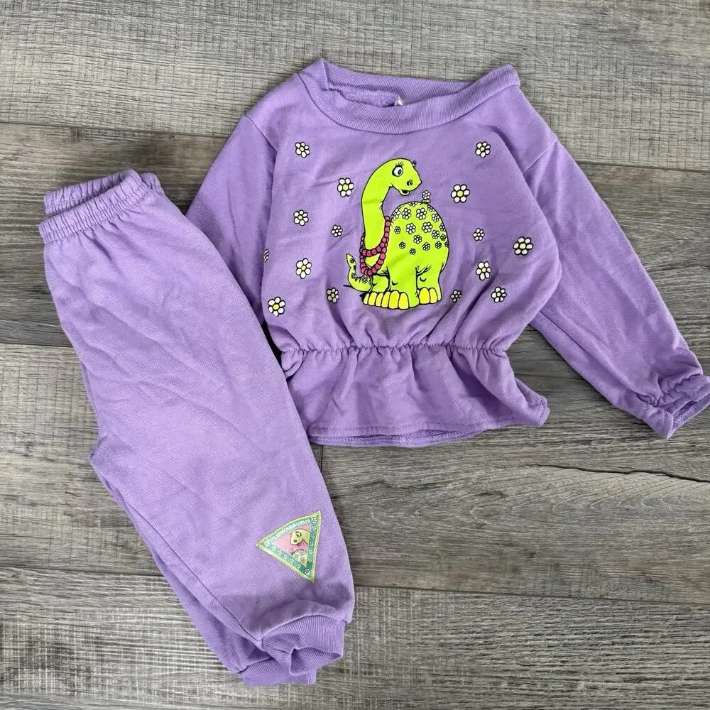 Vtg Glow A Saurus Dinosaur Girls Outfit Set Flower Glow In The Dark 18 Months
